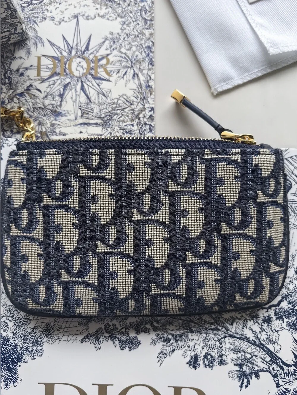 Dior Navy and Beige Oblique Canvas Key Pouch with Gold Hardware